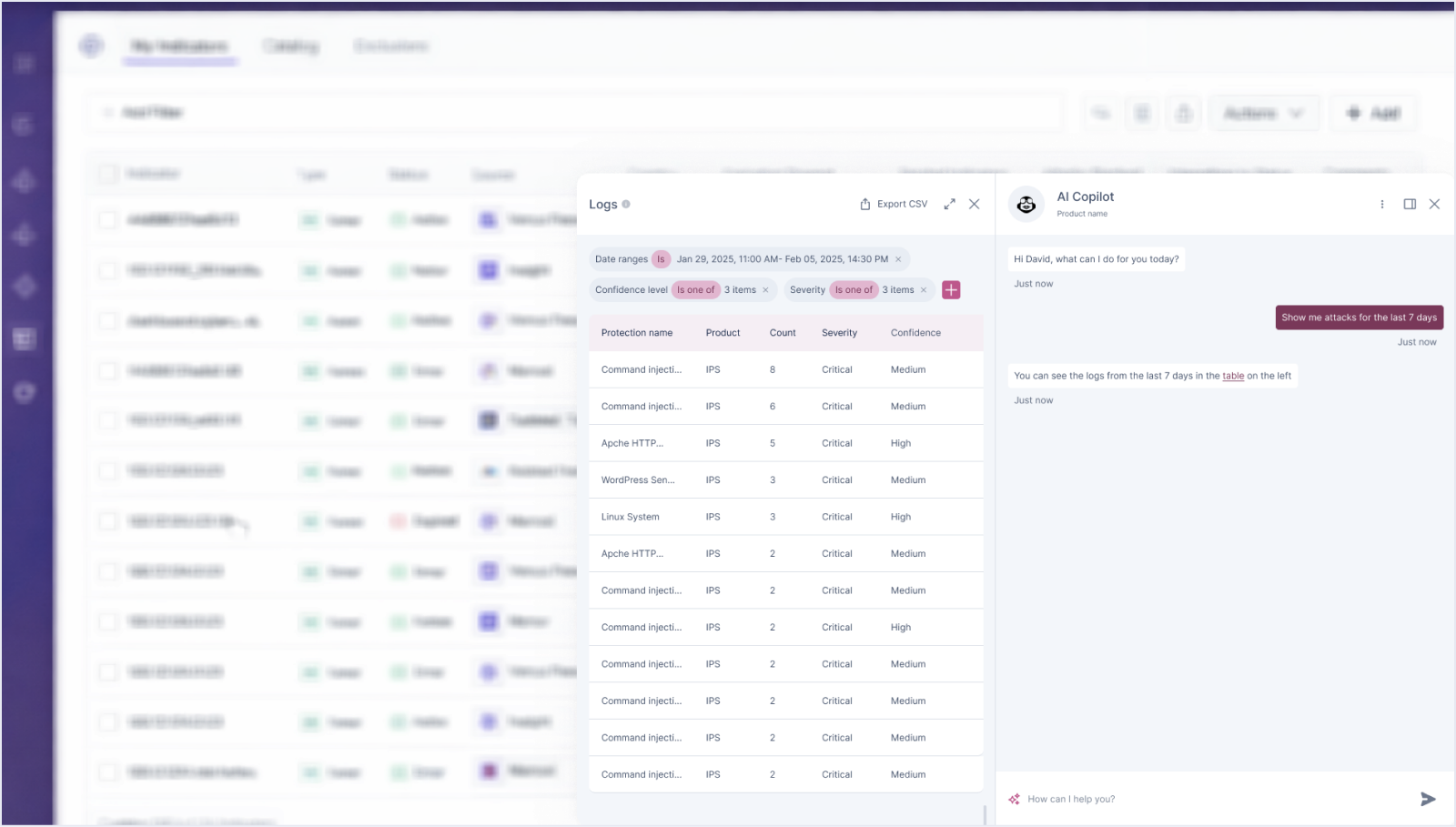 Final design of the log search experience within the Copilot chat interface