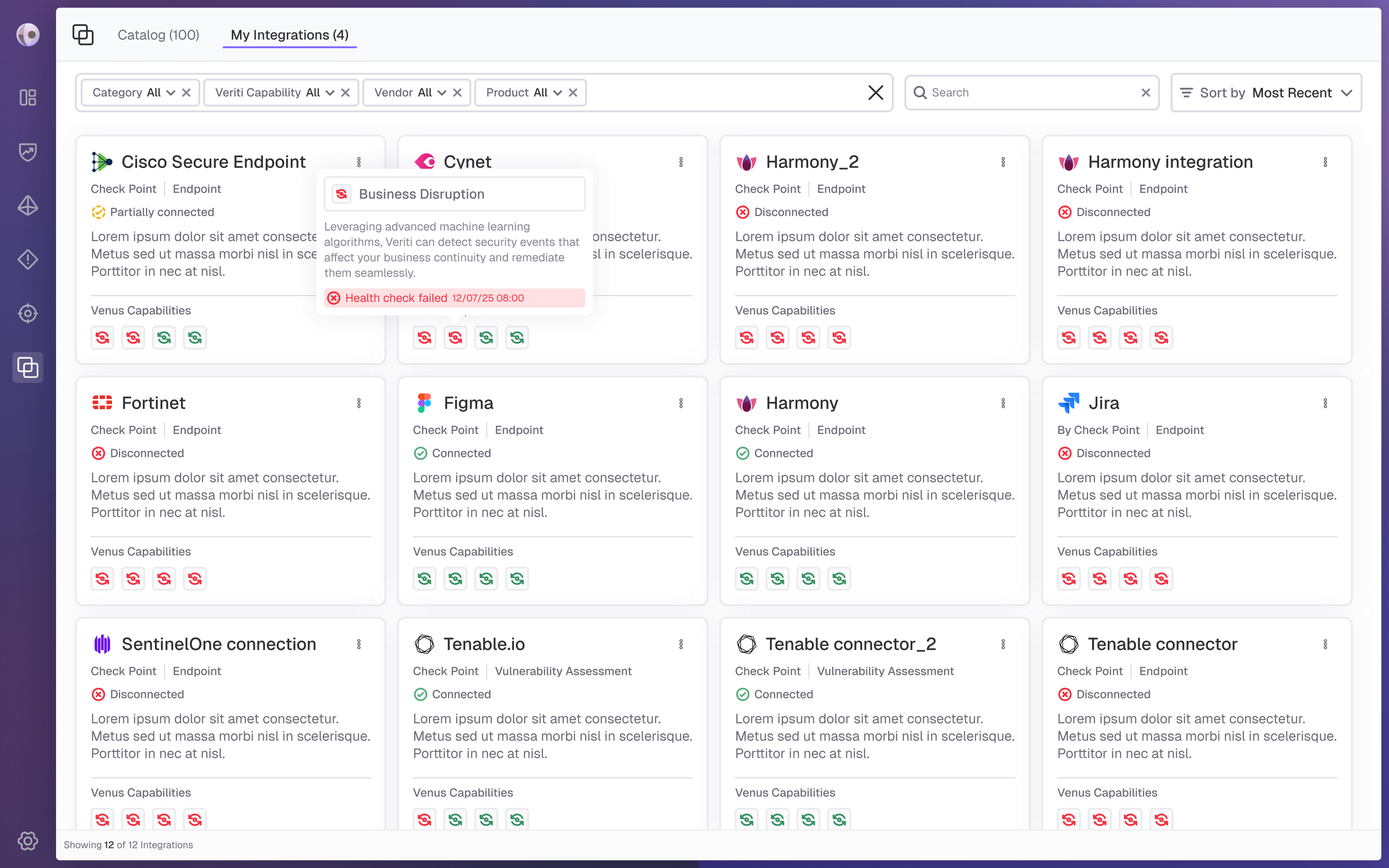 Final design of an integration's health detail tooltip in the Managing Integrations view