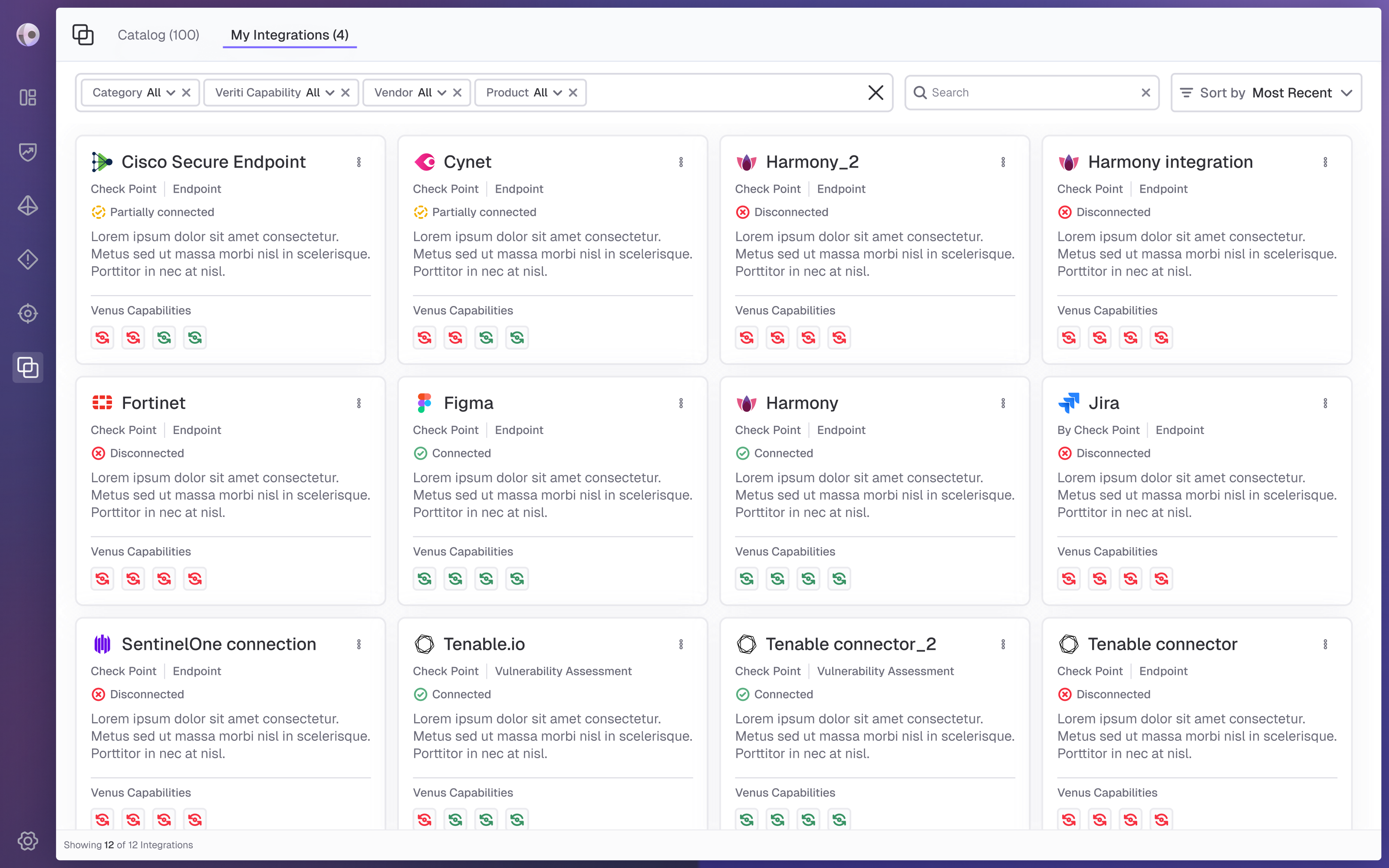 Final design of the Managing Integrations list view