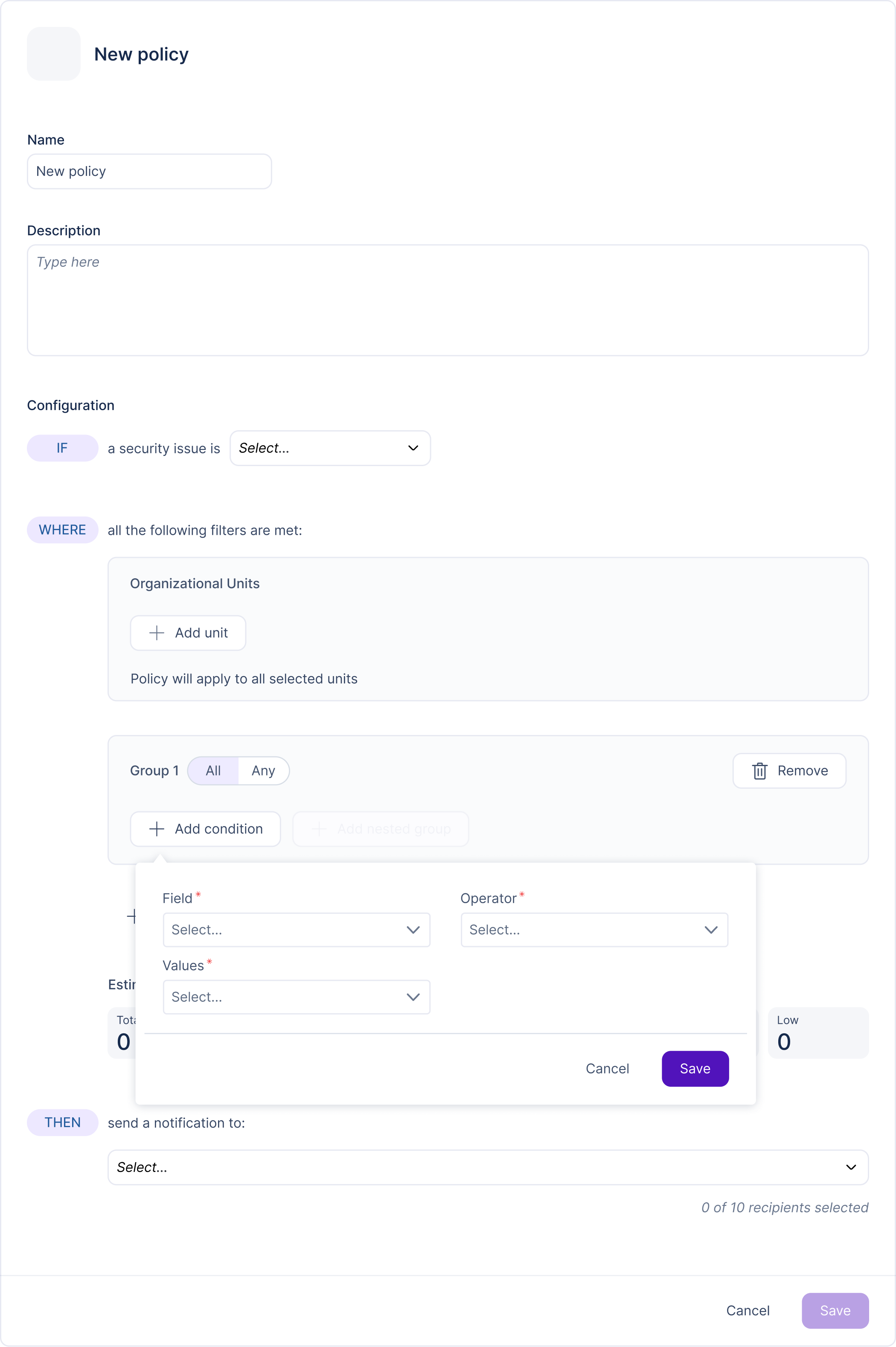 Final design of the new policy creation form