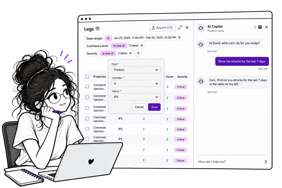 Illustration of the Log Search Experience design, showing the guided filter-based query builder
