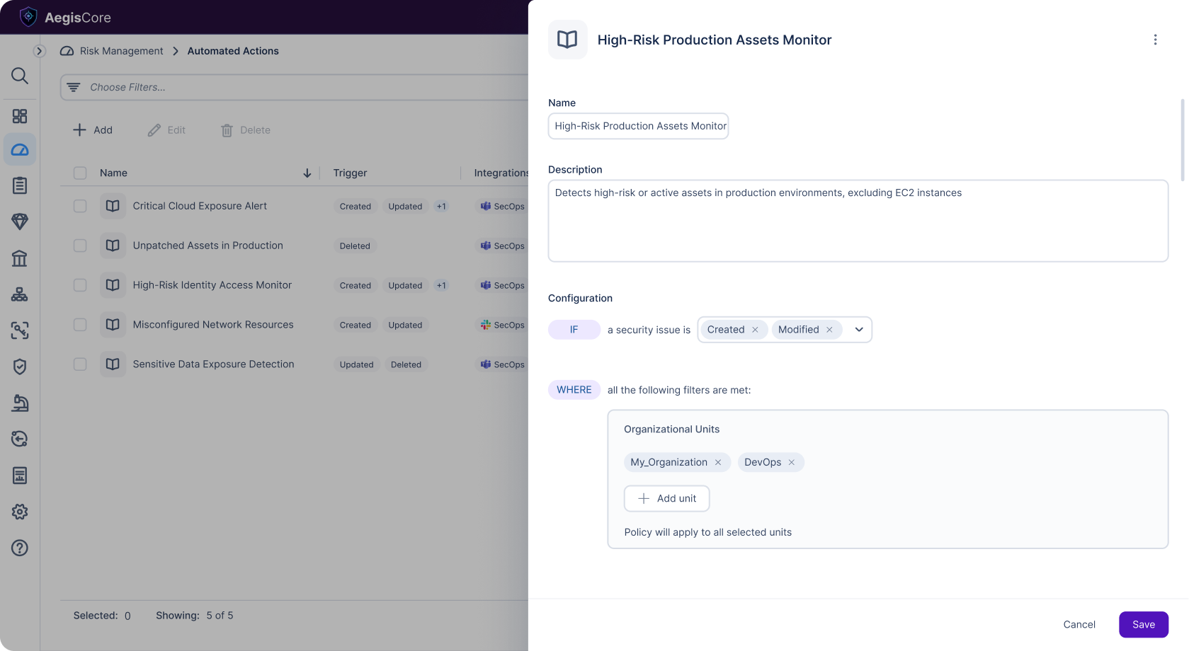 AegisCore automated policy interface, showing the High-Risk Production Assets Monitor panel