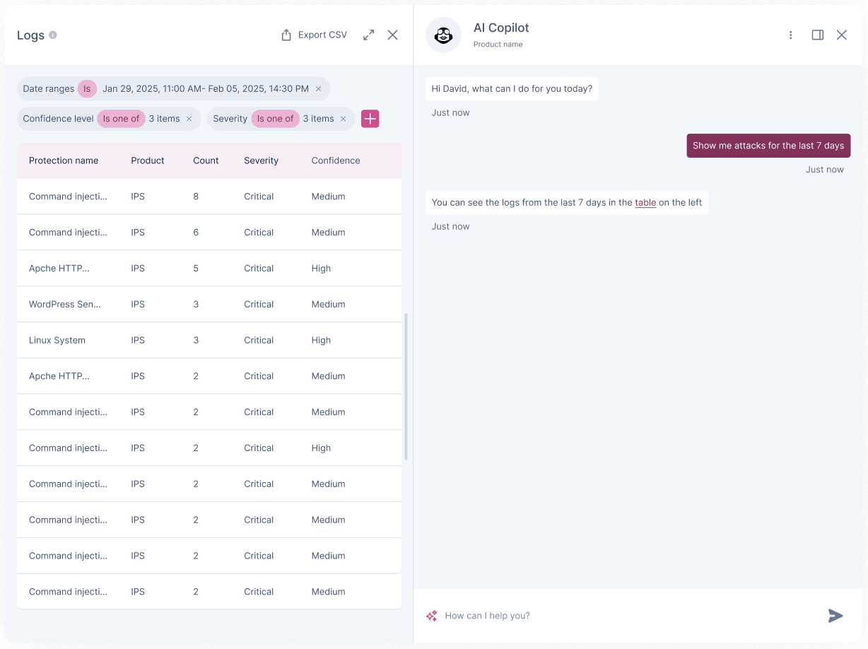 AI Copilot chat interface beside a Logs table, showing a conversation about recent attacks