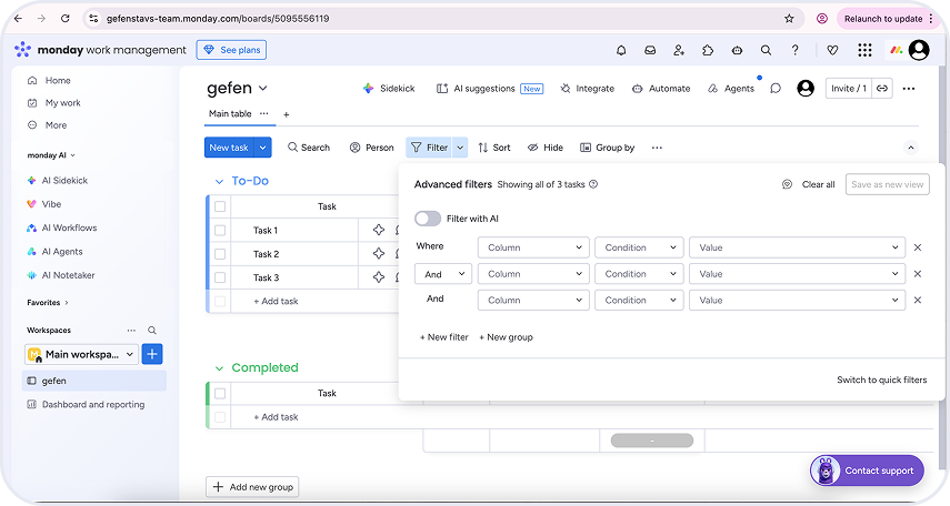 Reference screenshot of a guided, filter based search using advanced filters